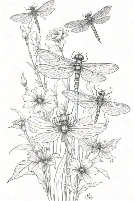 Birthflowers for months March, April, May, November, and December with one small dragonfly tattoo design idea