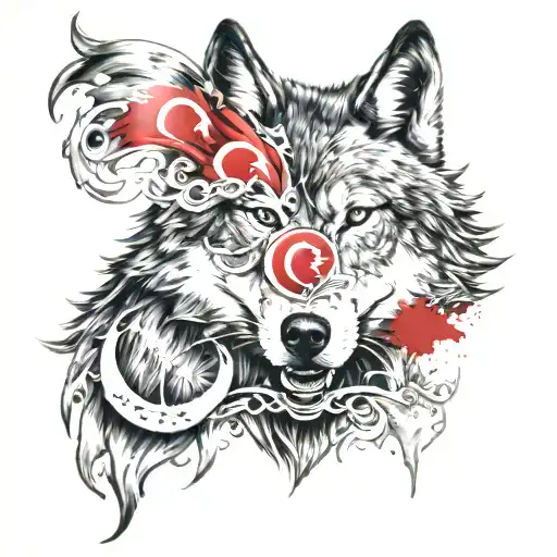 turkish flag under the wolf tattoo design idea