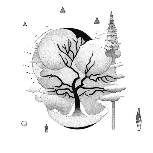 climbing, moon sleep, meditation, wisdom tree tattoo design idea