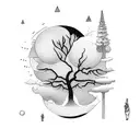 climbing, moon sleep, meditation, wisdom tree tattoo design idea