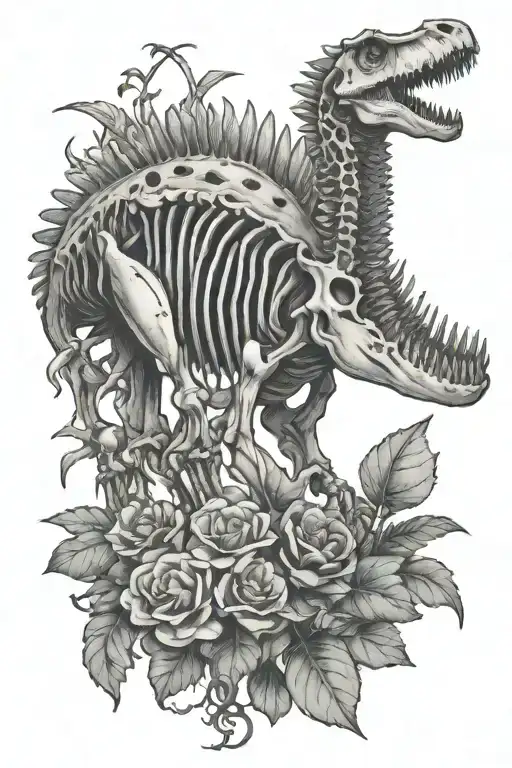 Spinosaurus skeleton with amanitas mushroom and telephone plant  tattoo design idea