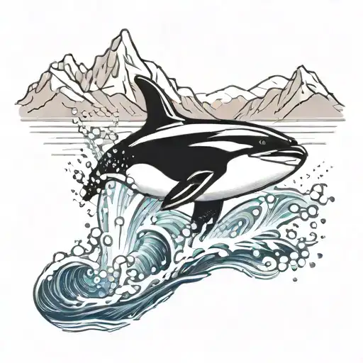 orca jumping out of the water with mountains in the background  tattoo design idea