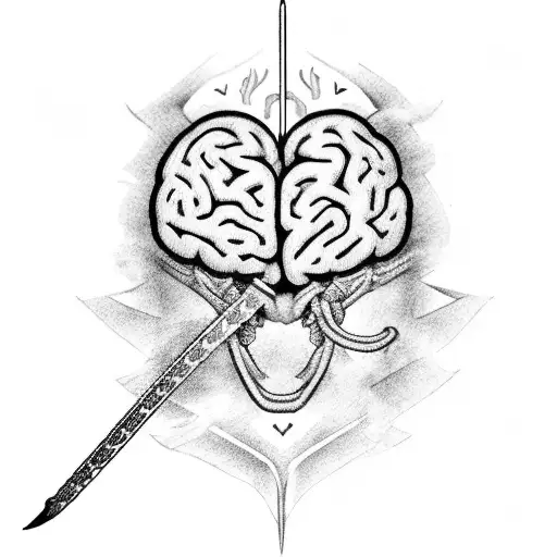 Heart and brain protected by 2 katanas, one katana of fire and one katana of water,  tattoo design idea
