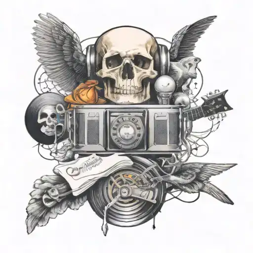 Rock music album cover inspired tattoo with y2k elements tattoo design idea
