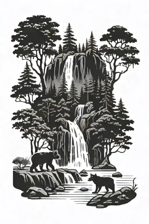 A mystical forest scene with a majestic waterfall cascading down into a serene lake, surrounded by towering trees and hidden bear and wolf silhouettes tattoo design idea