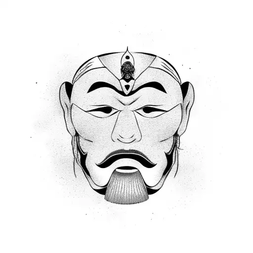 Japanese Samurai Mask in Black and White Outline  tattoo design idea