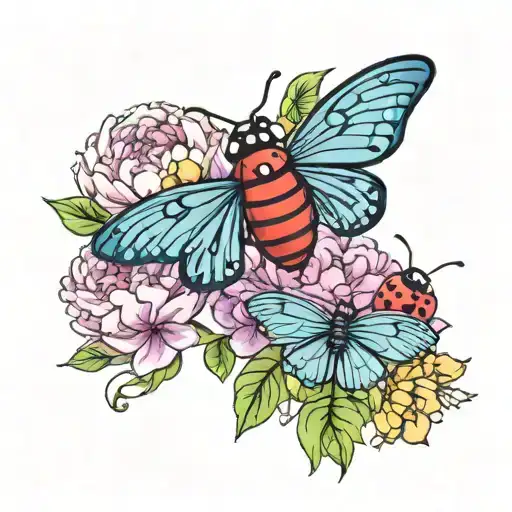 A colorful and vibrant new-school design of a ladybug and butterfly dancing among peony flowers, capturing the joy and beauty of life tattoo design idea