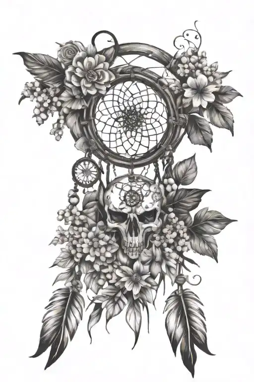 Violets, daisies and lilies of the valley with a dream catcher without anything else for thigh  tattoo design idea