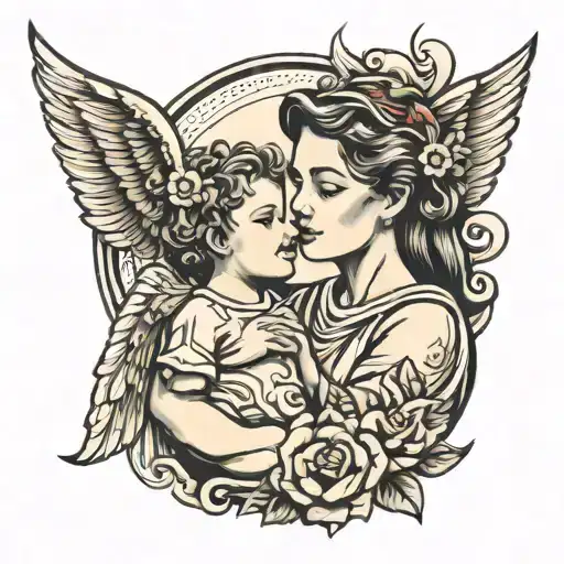 mother and son in heaven tattoo design idea