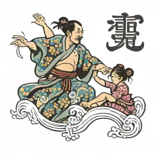 Japanese waves forms shape of father dancing with daughters tattoo design idea