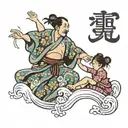 Japanese waves forms shape of father dancing with daughters tattoo design idea