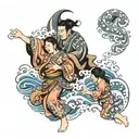 Japanese waves forms shape of father dancing with daughters tattoo design idea