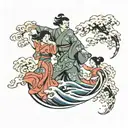 Japanese waves forms shape of father dancing with daughters tattoo design idea