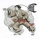 Japanese waves forms shape of father dancing with daughters tattoo design idea