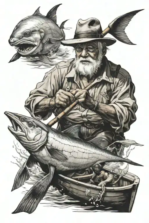 old man rowing a small boat and catching a swordfish tattoo tattoo design idea
