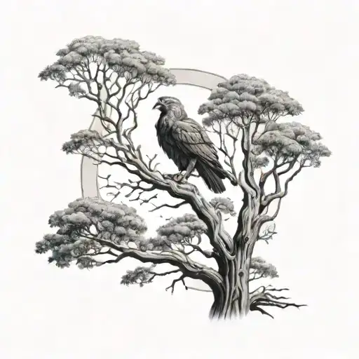 giant australian river red gum tree with an eagle soaring above, an owl perched high and a tiny robin on the ground in f tattoo design idea