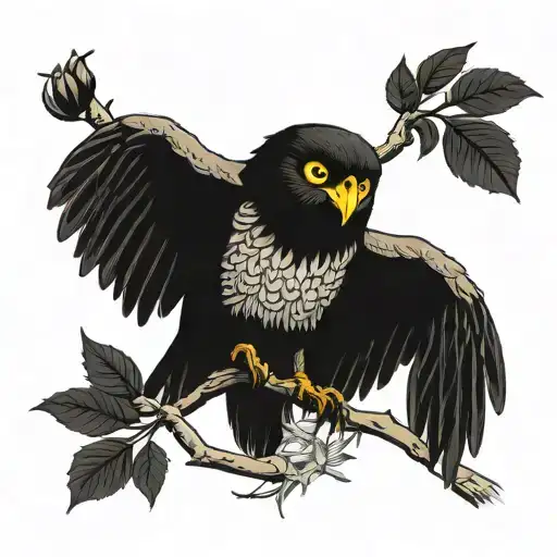 black and white giant eucalypt tree with eagle abive owl perched high and little robin perched on the ground  tattoo design idea