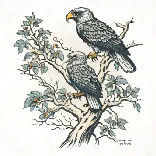 giant australian river red gum tree with an eagle soaring above, an owl perched high and a tiny robin on the ground in f tattoo design idea