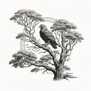 giant australian river red gum tree with an eagle soaring above, an owl perched high and a tiny robin on the ground in f tattoo design idea