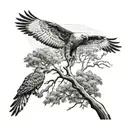 giant australian river red gum tree with an eagle soaring above, an owl perched high and a tiny robin on the ground in f tattoo design idea