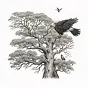 giant australian river red gum tree with an eagle soaring above, an owl perched high and a tiny robin on the ground in f tattoo design idea