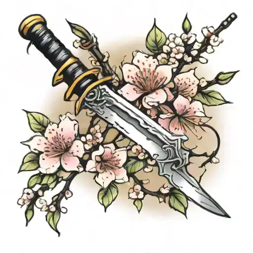 japanese cherry blossom branch with katana sword tattoo design idea