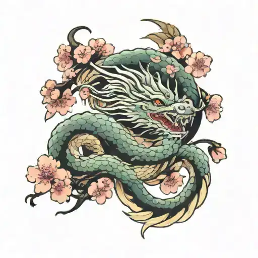 Japanese cherry blossom dragon flying tattoo design idea
