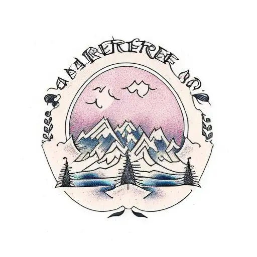family tree with 8 berries mountain scene tattoo design idea