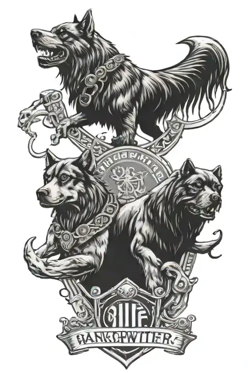 Viking and wolf and daughters and rottweiler and Manchester United and bmw logo and family  tattoo design idea