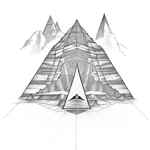 A dotwork tattoo of an alien spaceship landing on a pyramid tattoo design idea