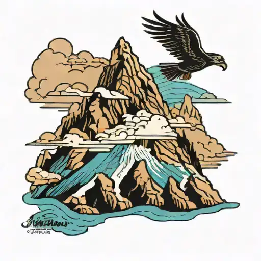 patagonia mountain with condor flying above and blue water strip below and winds tattoo design idea
