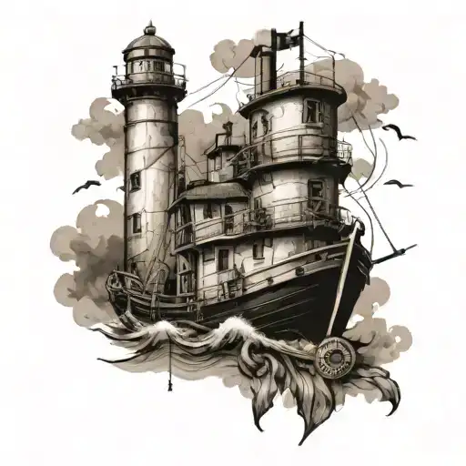 tugboat with anchor and compass with lighthouse standing tall tattoo design idea