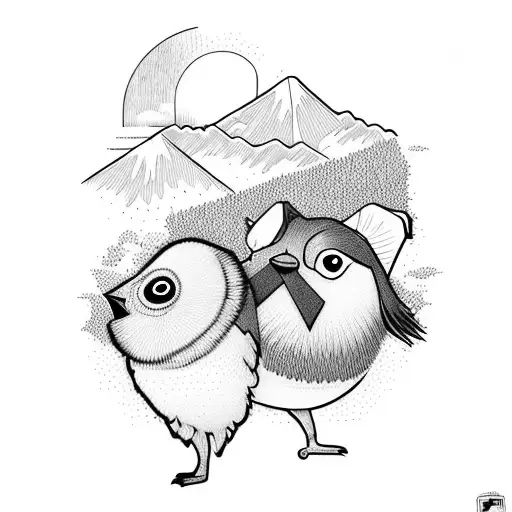 A playful design showcasing a dog and a kiwi bird exploring the mountains together tattoo design idea