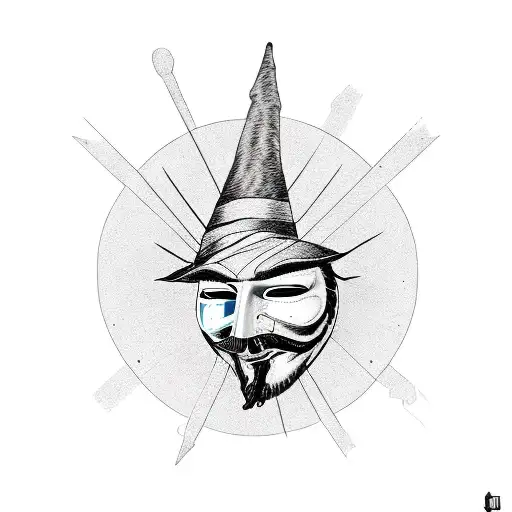 guy fawkes mask, hacker, with wood tattoo design idea