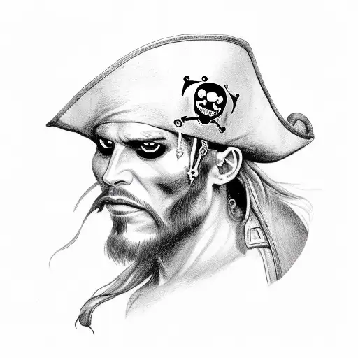 A pirate's face with a pirate hat, half of the face will have human features, and the other half of the face will have a tattoo design idea