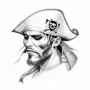A pirate's face with a pirate hat, half of the face will have human features, and the other half of the face will have a tattoo design idea