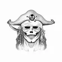 A pirate's face with a pirate hat, half of the face will have human features, and the other half of the face will have a tattoo design idea