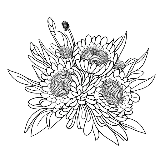 fine line bouquet of chrysanthemum,violet,daisys, larkspur and daffodils  tattoo design idea