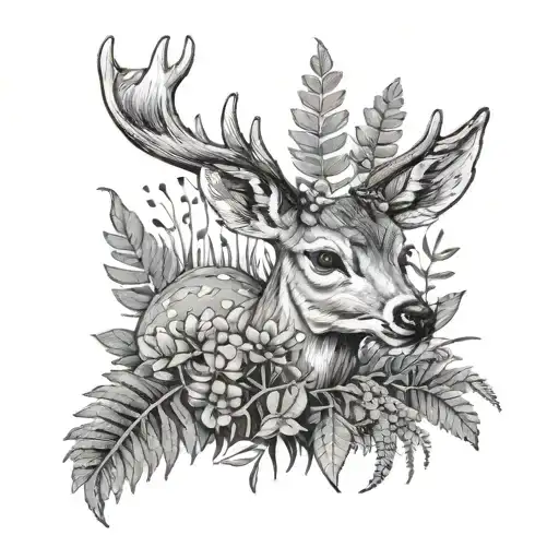 baby deer lying among ferns and red clover tattoo design idea