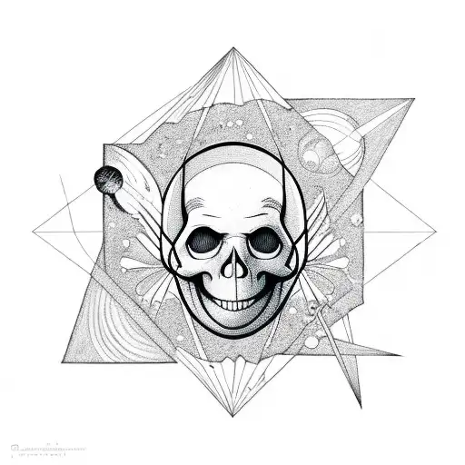 Skull Astronaut Space Planets Stars flowers Triangle frame tattoo design idea