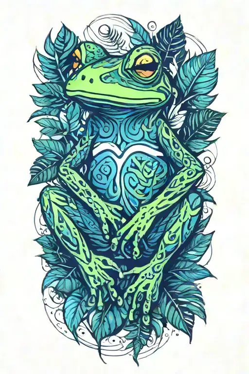 frog with jungle leaves tattoo design idea