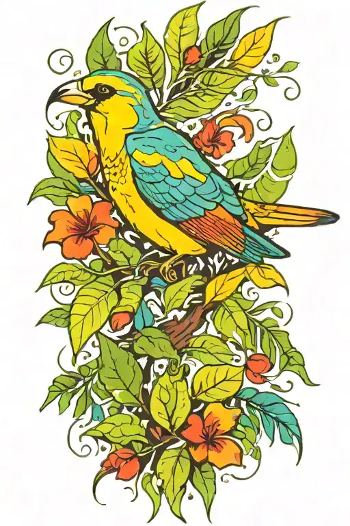 bird with jungle leaves tattoo design idea