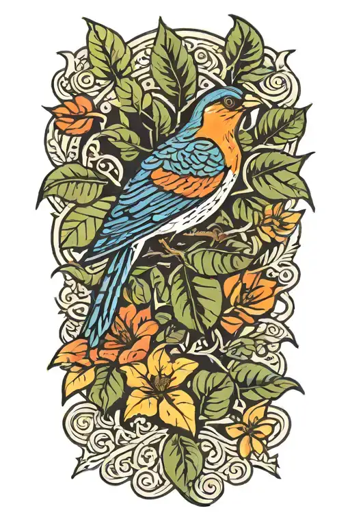 bird with jungle leaves tattoo design idea