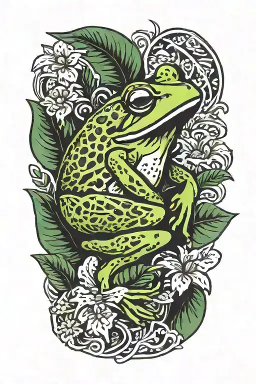 frog with jungle leaves tattoo design idea