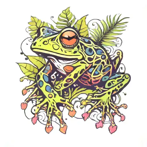 frog with jungle leaves tattoo design idea