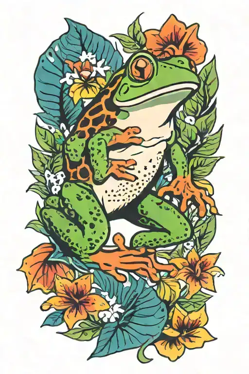 frog with jungle leaves tattoo design idea