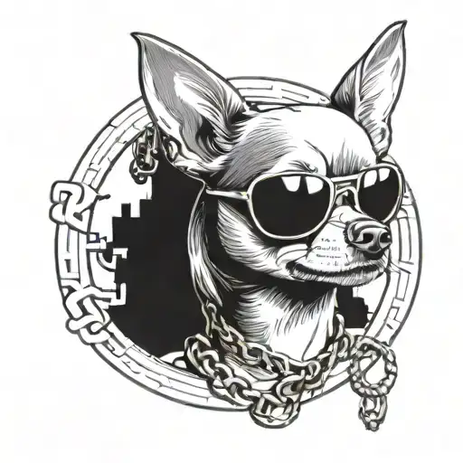 A chihuahua wearing a gold chain and sunglasses, surrounded by hip hop graffiti tattoo design idea