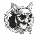 A chihuahua wearing a gold chain and sunglasses, surrounded by hip hop graffiti tattoo design idea