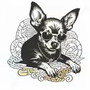 A chihuahua wearing a gold chain and sunglasses, surrounded by hip hop graffiti tattoo design idea