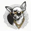 A chihuahua wearing a gold chain and sunglasses, surrounded by hip hop graffiti tattoo design idea